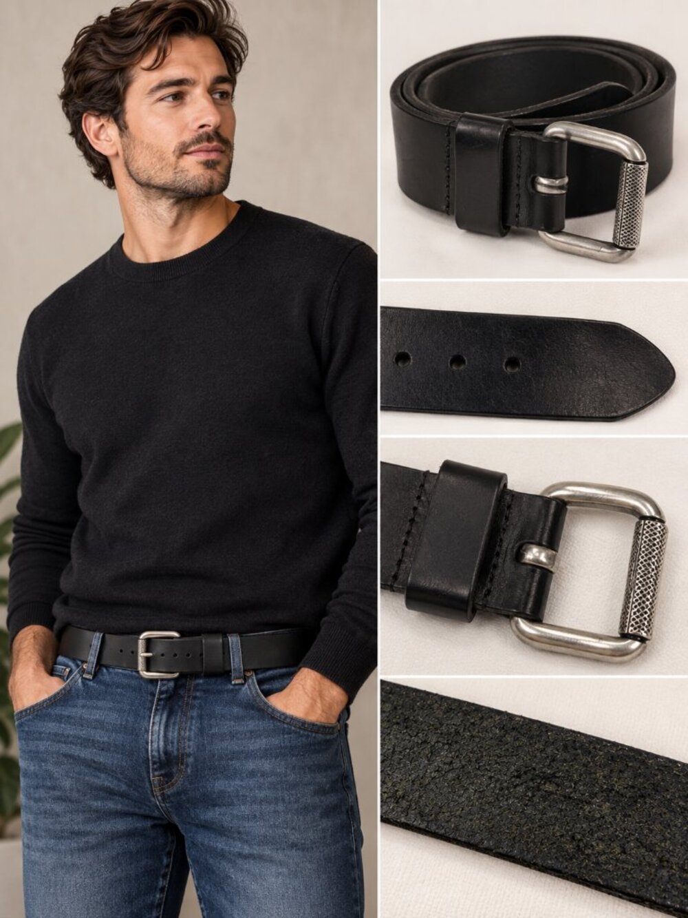 Men’s Black Leather Belt Silver Western Buckle Statement Belt